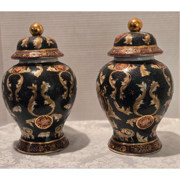 ASIAN VINTAGE PORCELAIN TEMPLE JAR HAND PAINTED MULTI-COLOR GOLD TRIM 12"  Set o - Picture 2 of 11